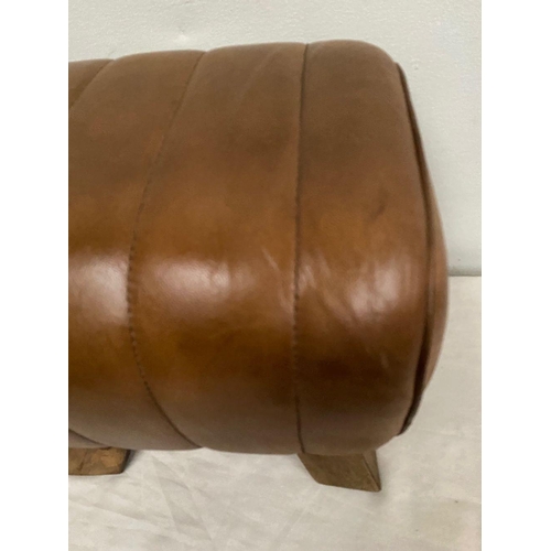 237 - A GOOD PAIR OF LEATHER FOOT STOOLS, rectangular form upholstered with tan leather, on four splayed w... 