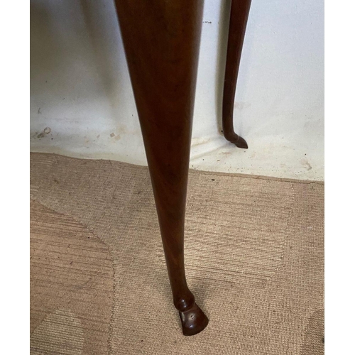 240 - A FINE MAHOGANY SHAPED LOW BOY, shaped top above two drawers with brass handles, on cabriole leg. Di... 