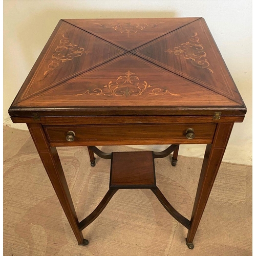 243 - A ROSEWOOD INALID ENVELOPE CARD TABLE, lovely inlay design to top, opening to green baize interior, ... 