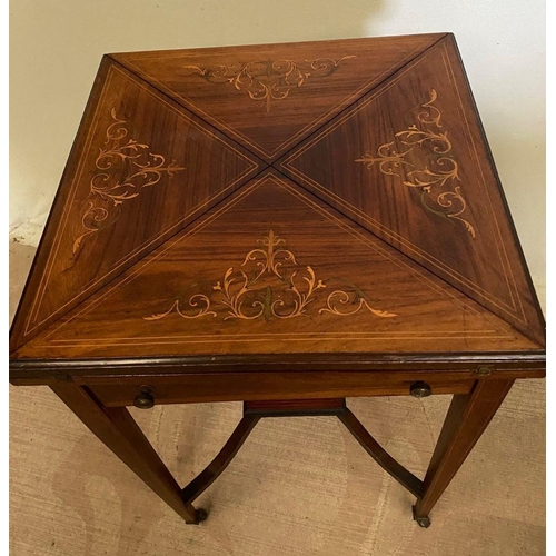 243 - A ROSEWOOD INALID ENVELOPE CARD TABLE, lovely inlay design to top, opening to green baize interior, ... 