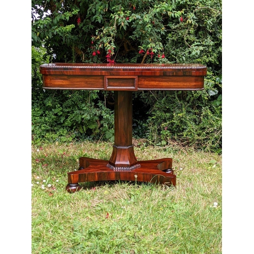 244 - A VERY FINE REGENCY ROSEWOOD FOLD OVER CARD TABLE, the rounded body decorated with gadrooned detail ... 