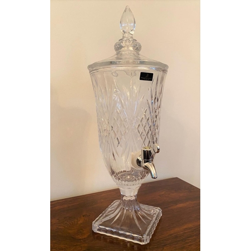 245 - A KILLARNEY CRYSTAL WHISKEY DISPENSER, finial to cover, crosshatch design to body atop square base. ... 