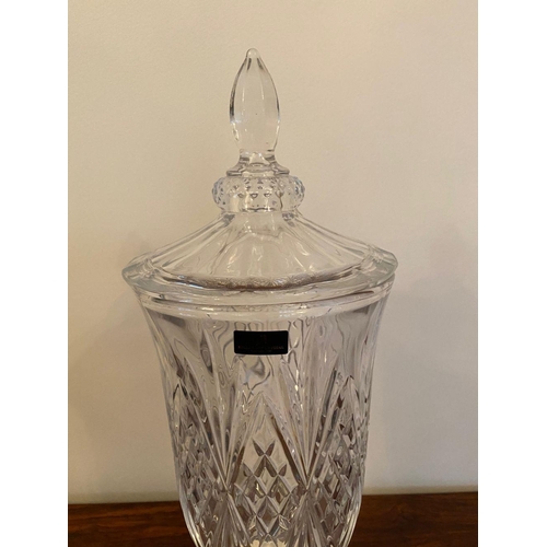 245 - A KILLARNEY CRYSTAL WHISKEY DISPENSER, finial to cover, crosshatch design to body atop square base. ... 