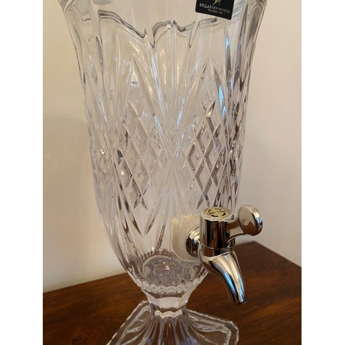 245 - A KILLARNEY CRYSTAL WHISKEY DISPENSER, finial to cover, crosshatch design to body atop square base. ... 