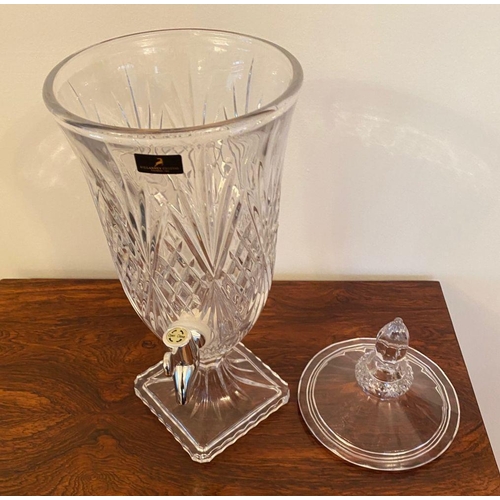 245 - A KILLARNEY CRYSTAL WHISKEY DISPENSER, finial to cover, crosshatch design to body atop square base. ... 