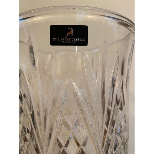 245 - A KILLARNEY CRYSTAL WHISKEY DISPENSER, finial to cover, crosshatch design to body atop square base. ... 