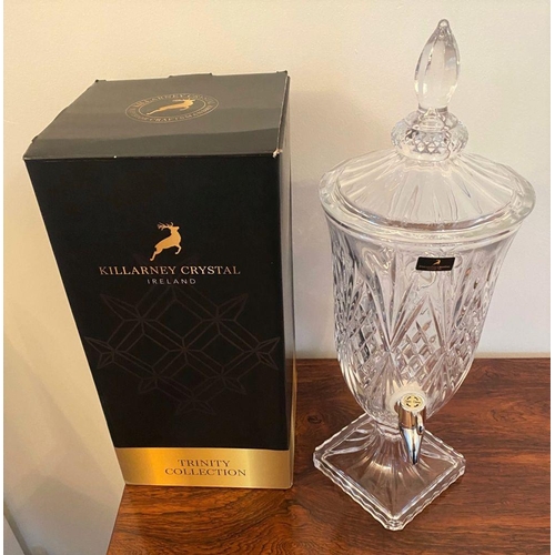 245 - A KILLARNEY CRYSTAL WHISKEY DISPENSER, finial to cover, crosshatch design to body atop square base. ... 