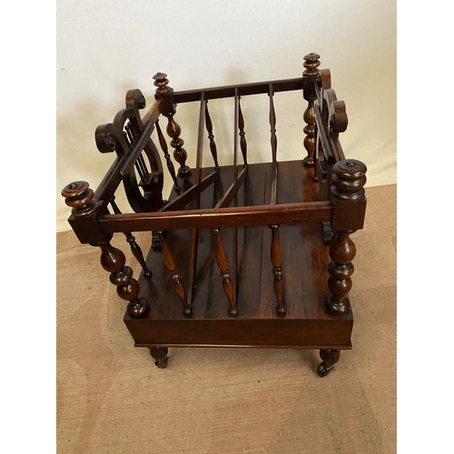 249 - AN EXCELLENT QUALITY ROSEWOOD REGENCY CANTERBURY, lyre-form, x-frame magazine holders, with turned s... 