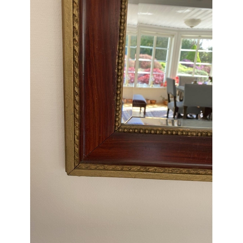 25 - A LOVELY ANTIQUE SWEDISH WALL MIRROR, rectangular form with bevelled glass within ornate deep red fr... 