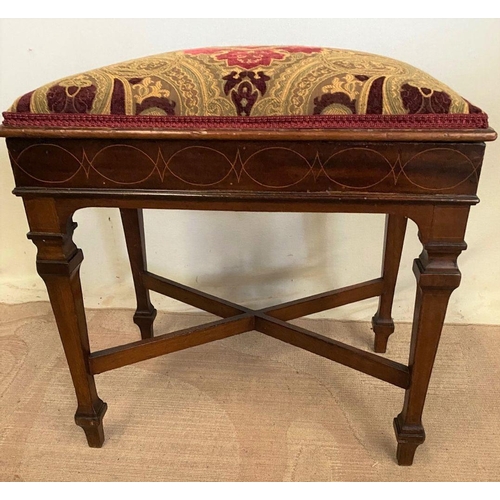 253 - AN EXCELLENT MAHOGANY INLAID PIANO STOOL, upholstered, with lift top opening to storage to interior.... 