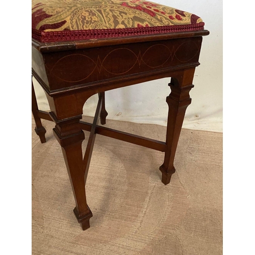 253 - AN EXCELLENT MAHOGANY INLAID PIANO STOOL, upholstered, with lift top opening to storage to interior.... 