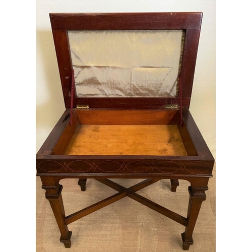 253 - AN EXCELLENT MAHOGANY INLAID PIANO STOOL, upholstered, with lift top opening to storage to interior.... 