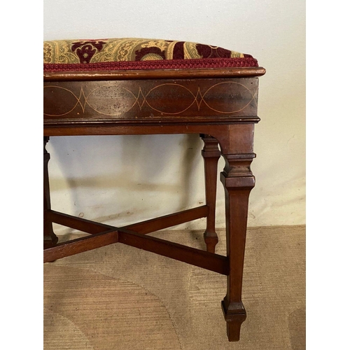 253 - AN EXCELLENT MAHOGANY INLAID PIANO STOOL, upholstered, with lift top opening to storage to interior.... 