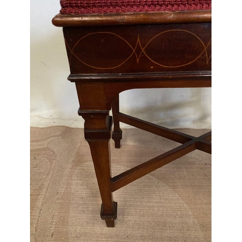 253 - AN EXCELLENT MAHOGANY INLAID PIANO STOOL, upholstered, with lift top opening to storage to interior.... 