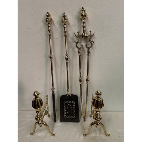 256 - A FINE SET OF THREE VICTORIAN POLISHED BRASS FIRE IRONS, with dogs, all with decorative finials, tur... 