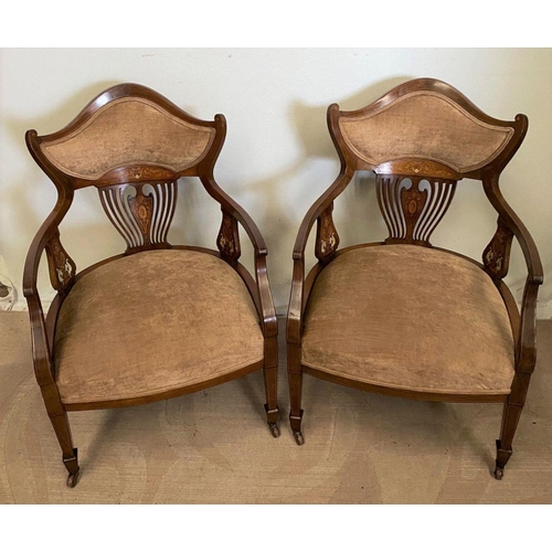 259 - A PAIR OF ROSEWOOD INLAID ARMCHAIRS, upholstered to seat and shaped backrest, with decorative inlaid... 