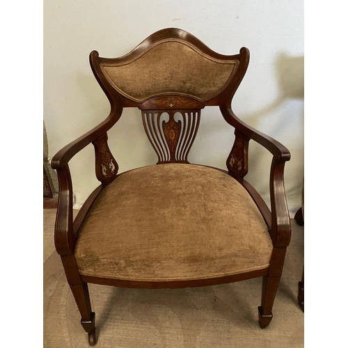 259 - A PAIR OF ROSEWOOD INLAID ARMCHAIRS, upholstered to seat and shaped backrest, with decorative inlaid... 