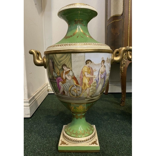 26 - A PAIR OF GREEN GROUND VIENNA-STYLE VASES, with painted panels to body depicting figural classical s... 