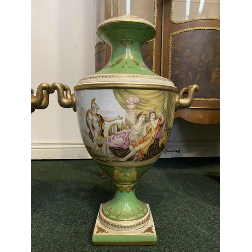 26 - A PAIR OF GREEN GROUND VIENNA-STYLE VASES, with painted panels to body depicting figural classical s... 