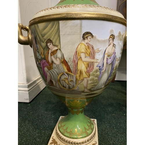 26 - A PAIR OF GREEN GROUND VIENNA-STYLE VASES, with painted panels to body depicting figural classical s... 