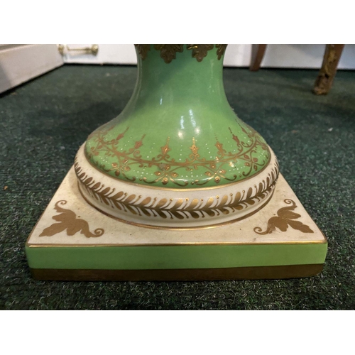 26 - A PAIR OF GREEN GROUND VIENNA-STYLE VASES, with painted panels to body depicting figural classical s... 