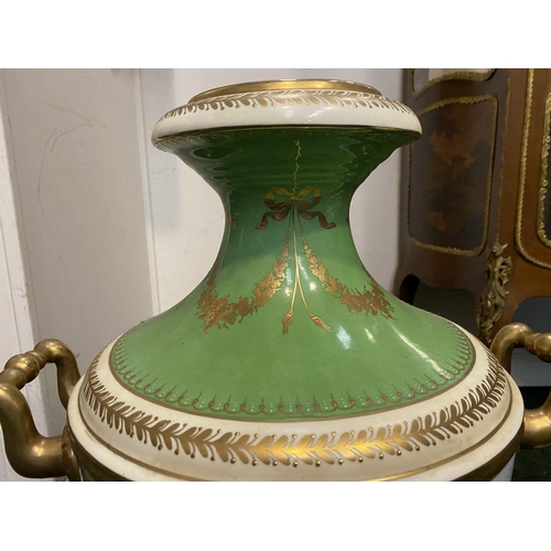 26 - A PAIR OF GREEN GROUND VIENNA-STYLE VASES, with painted panels to body depicting figural classical s... 