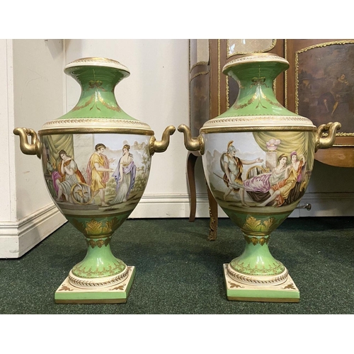 26 - A PAIR OF GREEN GROUND VIENNA-STYLE VASES, with painted panels to body depicting figural classical s... 