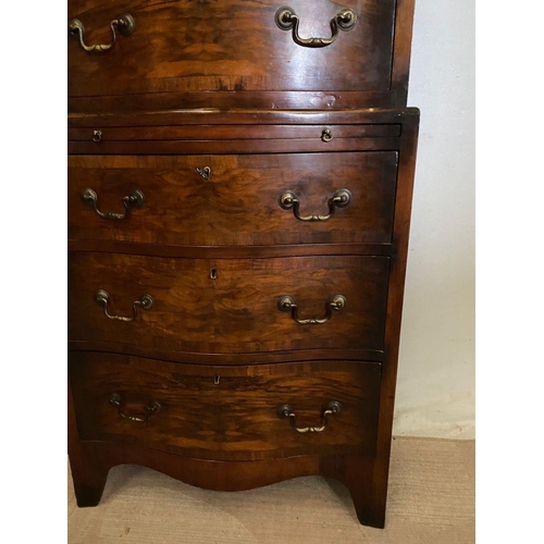 260 - A WALNUT SERPENTINE CHEST ON CHEST, with shaped cornice, four above three drawers with brass handles... 