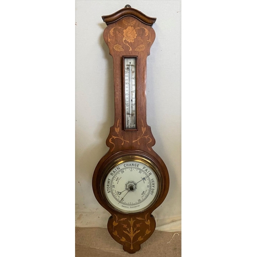 261 - A FINE INLAID ANEROID BAROMETER, reading ‘stormy, rain, change, fair, very dry’, fine floral inlay t... 