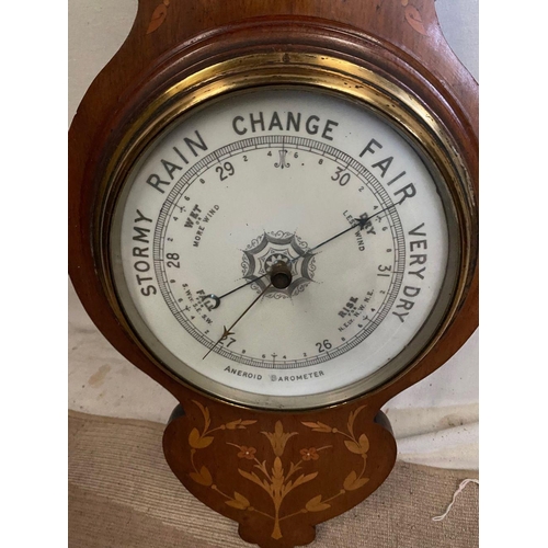 261 - A FINE INLAID ANEROID BAROMETER, reading ‘stormy, rain, change, fair, very dry’, fine floral inlay t... 