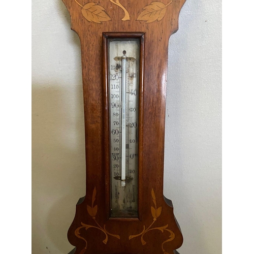 261 - A FINE INLAID ANEROID BAROMETER, reading ‘stormy, rain, change, fair, very dry’, fine floral inlay t... 