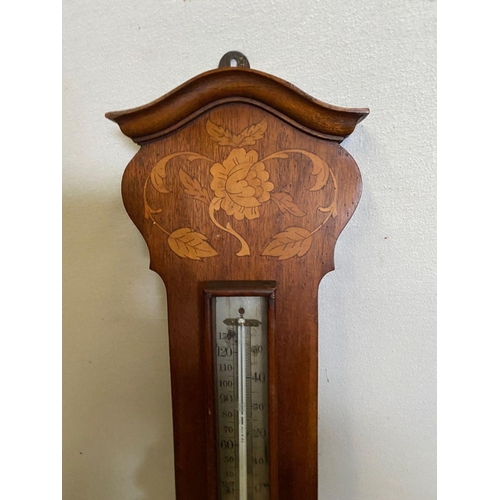 261 - A FINE INLAID ANEROID BAROMETER, reading ‘stormy, rain, change, fair, very dry’, fine floral inlay t... 