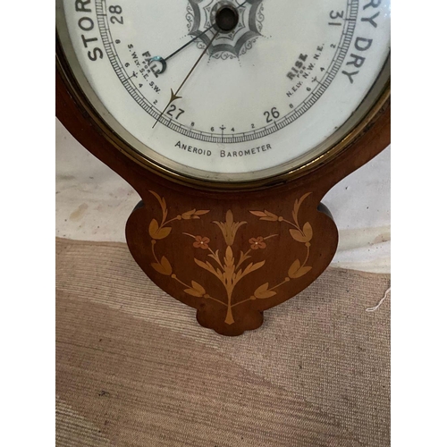 261 - A FINE INLAID ANEROID BAROMETER, reading ‘stormy, rain, change, fair, very dry’, fine floral inlay t... 