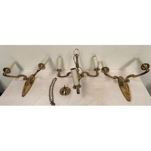 266 - A PAIR OF DOUBLE WALL SCONCES & MATCHING THREE BRANCH CANDLEABRA, gilt brass, decorative sconce bran... 