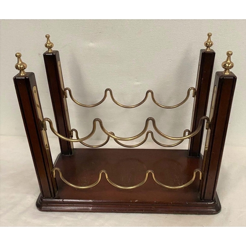 268 - A GOOD BRASS & MAHOGANY WINE RACK, with decorative gilt brass finials atop supports on mahogany rect... 