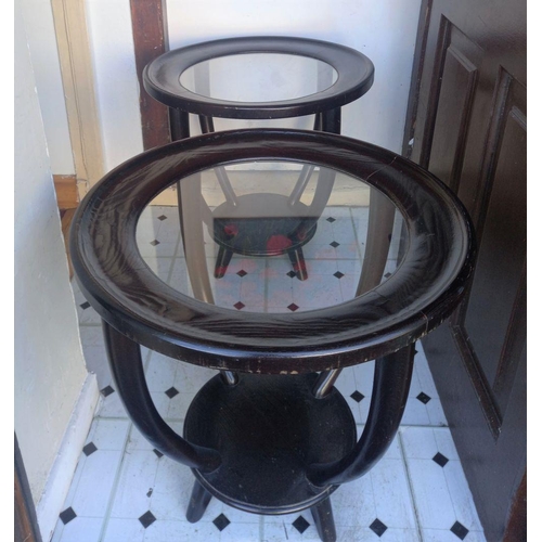 271 - A LOVELY PAIR OF ITALIAN GLASS TOPPED SIDE TABLES, circular top with legs joined by undertier above ... 