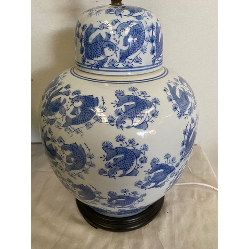 272 - A LARGE PAIR OF CHINESE GINGER JAR LAMPS, bulbous form with blue painted design depicting coy fish o... 