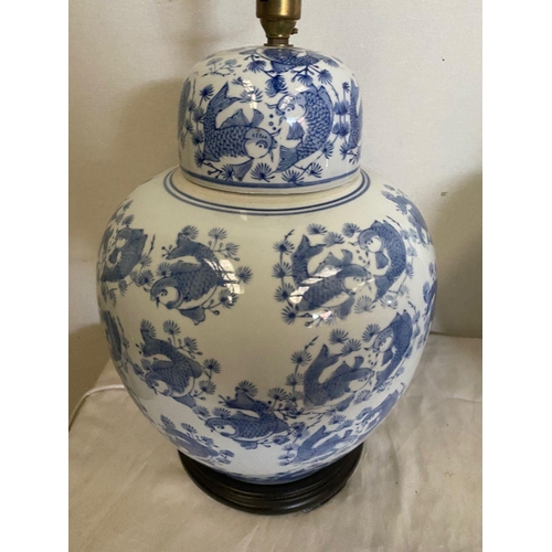 272 - A LARGE PAIR OF CHINESE GINGER JAR LAMPS, bulbous form with blue painted design depicting coy fish o... 