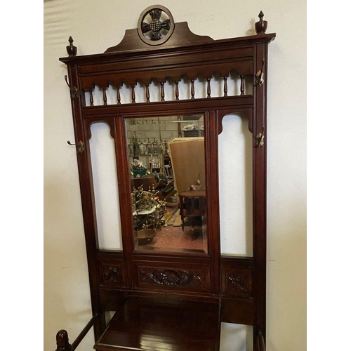 274 - AN EXCELLENT MAHOGANY HALL STAND, with rectangular mirror to centre above shaped cornice with crest ... 