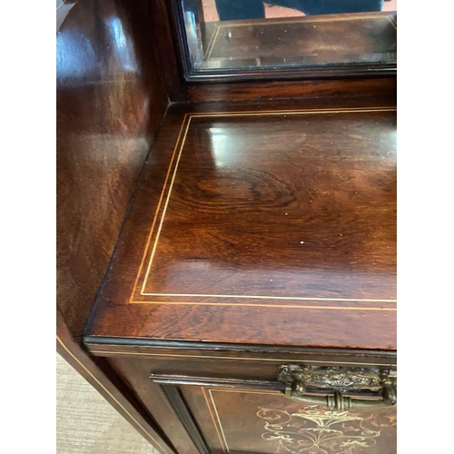 275 - A DECORATIVE ROSEWOOD INLAID DROP FRONT LOG BOX, with gilt gallery to top, above bevelled glass pane... 