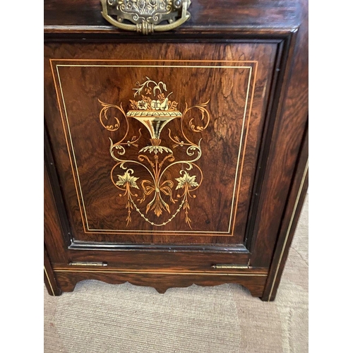 275 - A DECORATIVE ROSEWOOD INLAID DROP FRONT LOG BOX, with gilt gallery to top, above bevelled glass pane... 