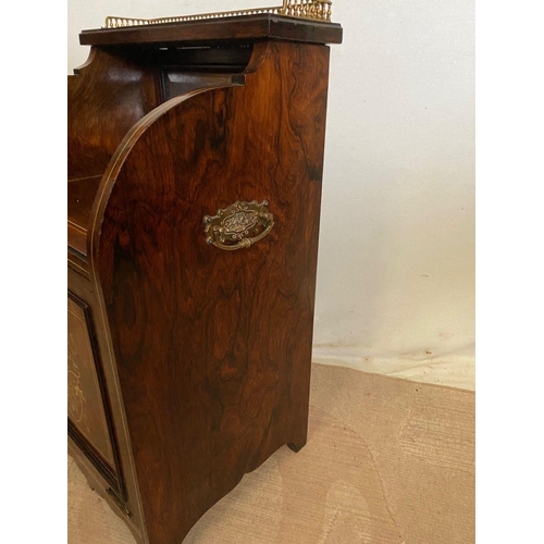 275 - A DECORATIVE ROSEWOOD INLAID DROP FRONT LOG BOX, with gilt gallery to top, above bevelled glass pane... 