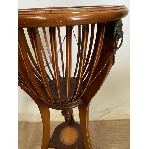 276 - A GOOD MAHOGANY INLAID PLANT STAND, basket form, with lion head brass mounts and chains to sides, in... 