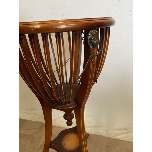 276 - A GOOD MAHOGANY INLAID PLANT STAND, basket form, with lion head brass mounts and chains to sides, in... 