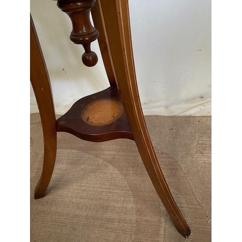 276 - A GOOD MAHOGANY INLAID PLANT STAND, basket form, with lion head brass mounts and chains to sides, in... 