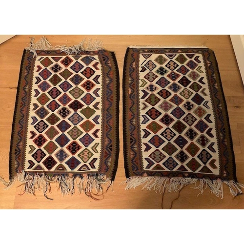 280 - A PAIR OF NEAT SIZED KELLIM RUGS, finely decorated with repeat geometric design within border, in mu... 