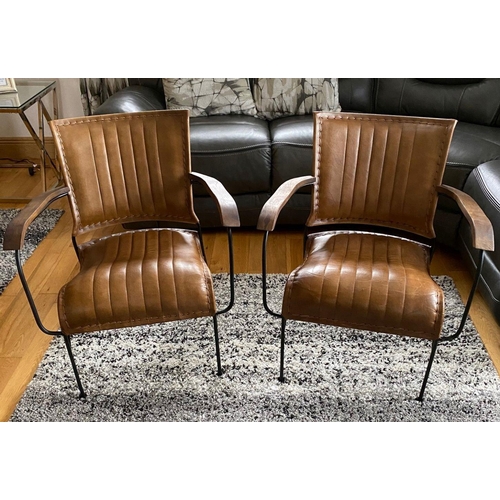 29 - AN EXCELLENT DESIGNER PAIR OF LEATHER AND STEEL ARMCHAIRS, seat and backrest upholstered with leathe... 