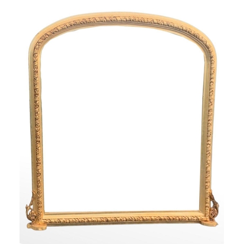 295 - A GOOD QUALITY GILT OVERMANTLE MIRROR ANTIQUE STYLE, with arched top, the main frame decorated with ... 