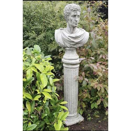 297 - A STONE MARK ANTHONY GARDEN BUST ON PILLAR COLUMN, highly detailed bust of Roman General Mark Anthon... 