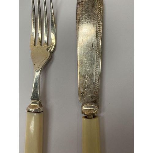 316 - A CASED SET OF DECORATIVE FISH KNIVES AND FORKS, with resin handles, engraved with decorative design... 